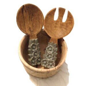 Handcrafted Wooden Salad Bowl Set with Floral Handles